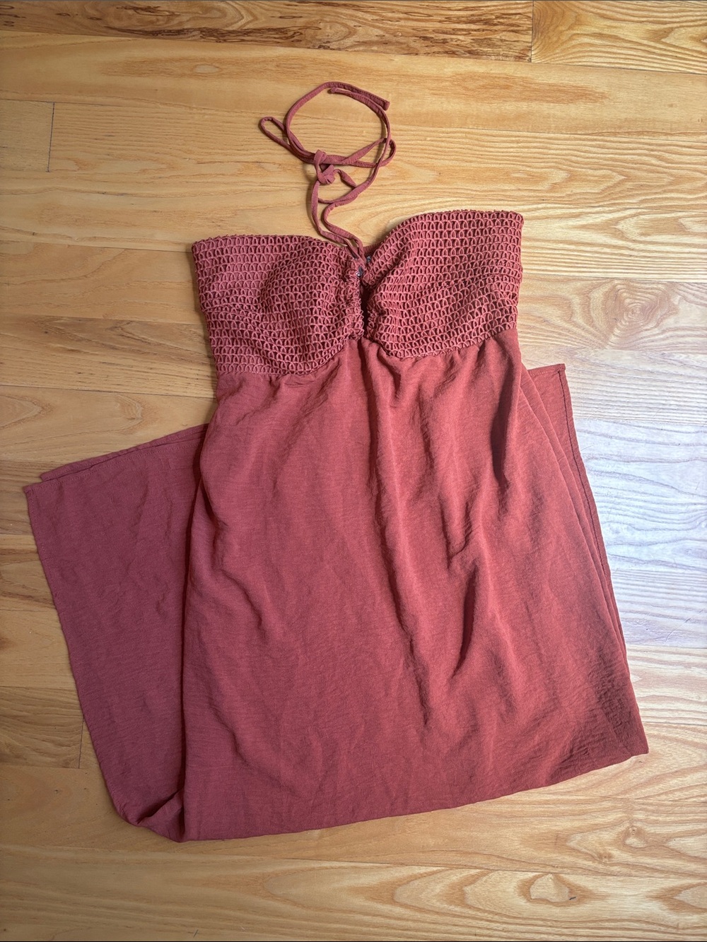 No Boundaries Rust Strapless Crochet Bust Sundress